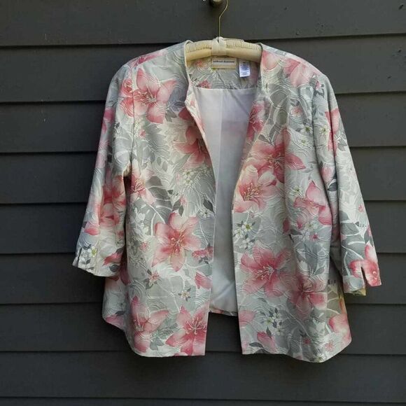 Alfred Dunner Gray Pink Textured Open Front Floral Jacket size 18W - Picture 1 of 12
